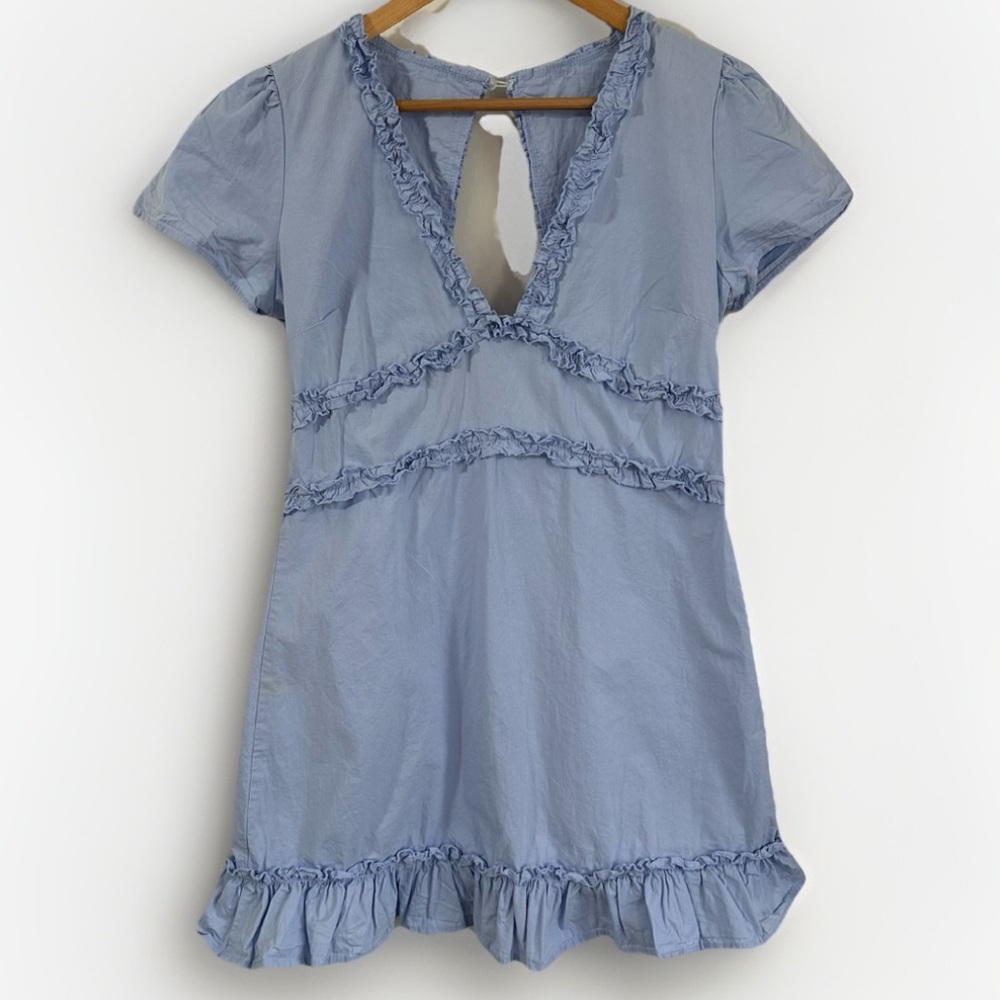 Baby Blue Ruffle Mini Dress 100% Cotton Cutout Back Short Sleeve‎ Women’s Size M